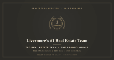 TAG Real Estate Team and The Arsondi Group gold laurel seal badge showing #1 ranking in Livermore, CA, RealTrends Verified 2025